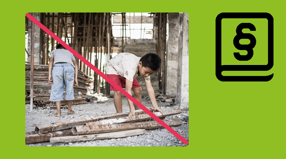 Durchgestrichenes Foto, auf dem Kinder bei der Arbeit zu sehen sind.