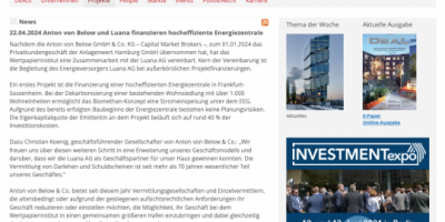 Presseveröffentlichung: „Anton von Below und Luana finanzieren hocheffiziente Energiezentrale“