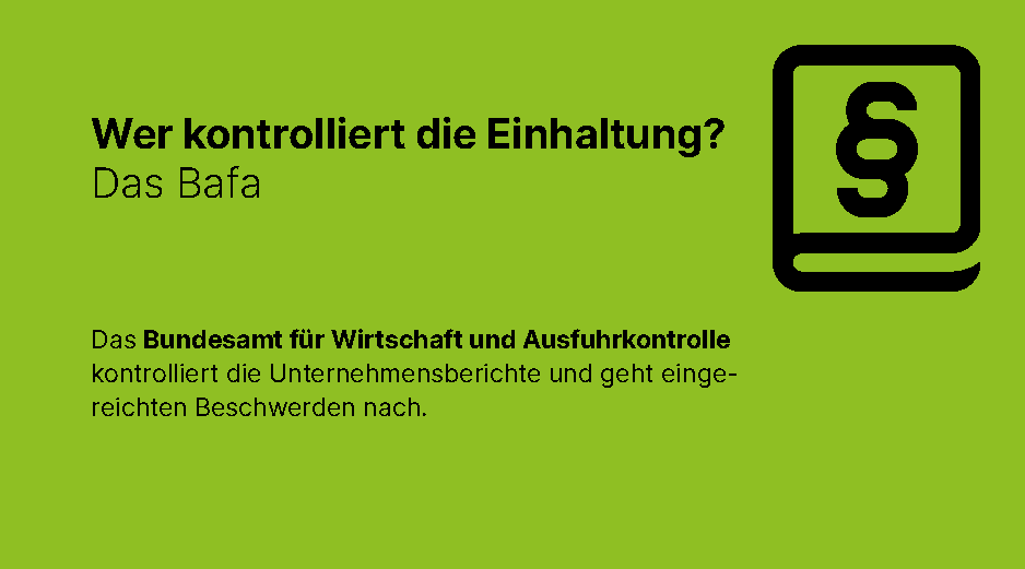 LkSG: Wer kontrolliert die Einhaltung? Das Bafa. Das Bundesamt für Wirtschaft und Ausfuhrkontrolle kontrolliert die Unternehmensberichte und geht eingereichten Beschwerden nach.