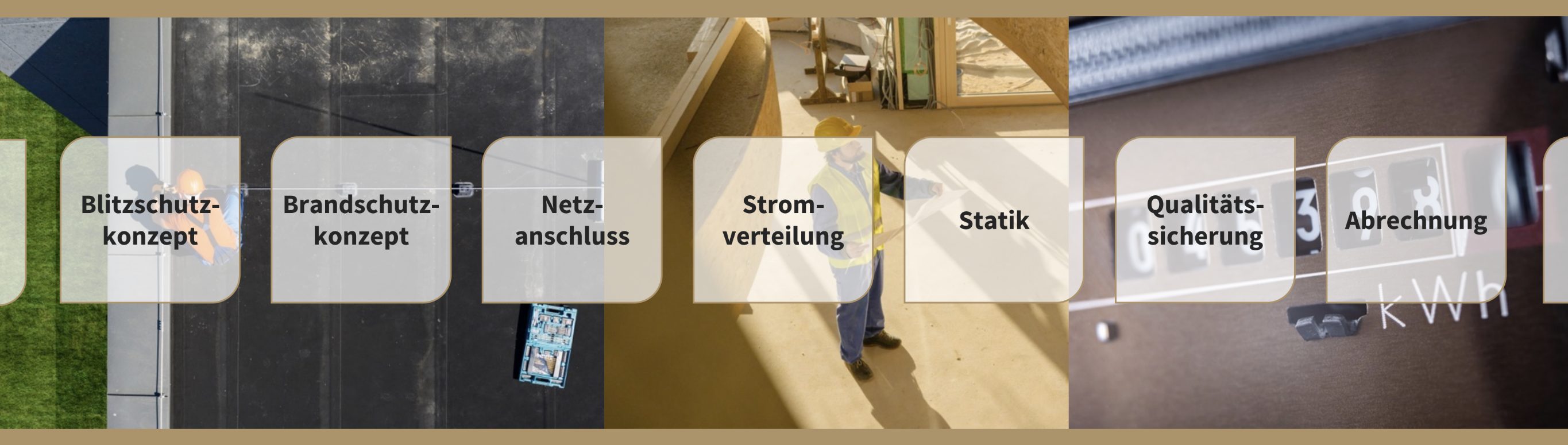 Blitzschutzkonzept, Brandschutzkonzept, Netzanschluss, Stromverteilung, Statik, Qualitätssicherung, Abrechnung, etc.