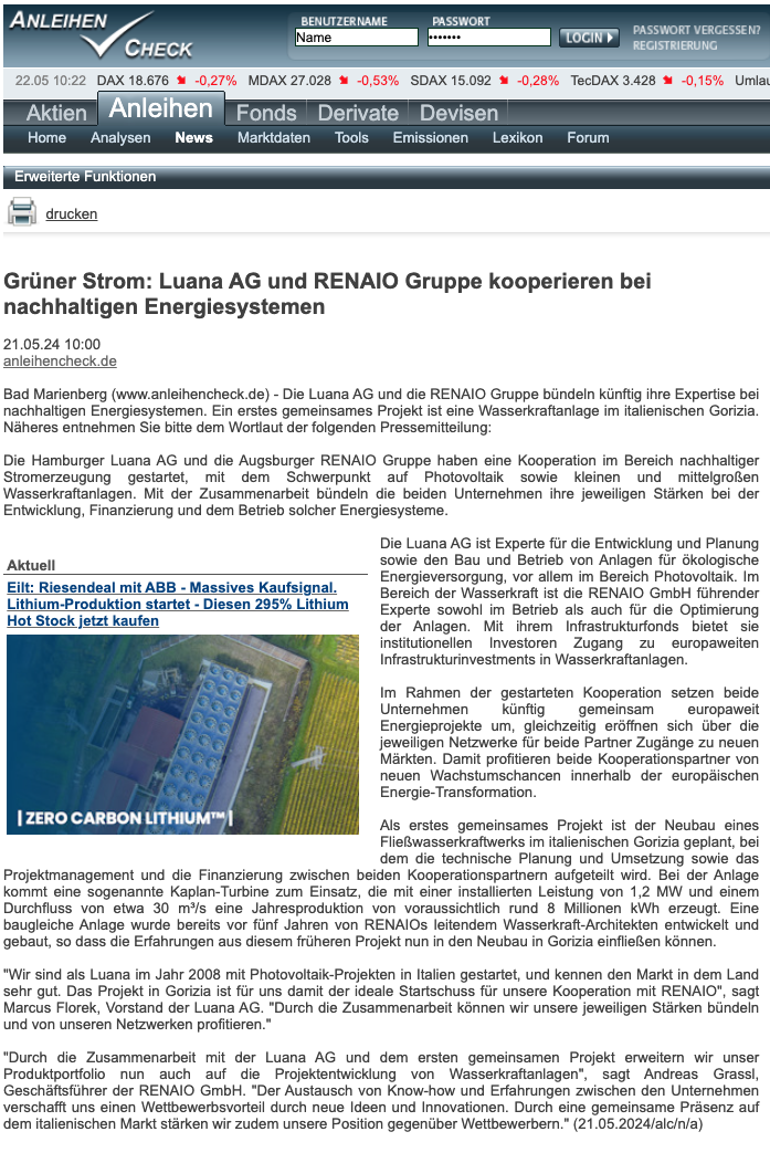 Screenshot der Pressemeldung bei anlagencheck.de